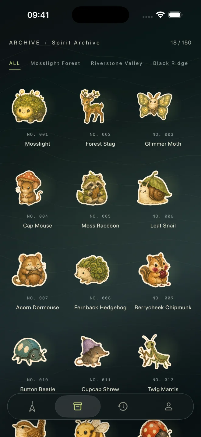 Journey creature collection showing illustrated forest creatures and discovery progress