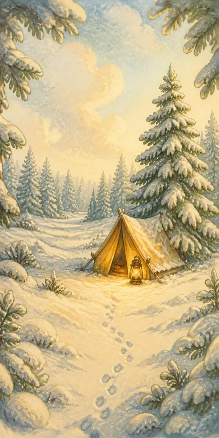 Snow-covered pines at Snowpine Camp